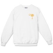 Yellow Polka Dots South Cackalacky Deluxe Crewneck Sweatshirt feature the polka dot South Carolina palmetto moon logo in yellow on the back and a smaller, matching palmetto moon on the front.