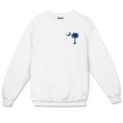 The deluxe Palmetto Moon Flag Crewneck Sweatshirt features a small palmetto moon in the front pocket area and the South Carolina Flag design on the back.