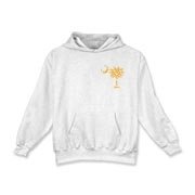 Yellow Polka Dots South Cackalacky Deluxe Kids Hooded Sweatshirt feature the polka dot South Carolina palmetto moon logo in yellow on the back and a smaller, matching palmetto moon on the front.
