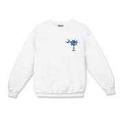 Blue Polka Dots South Cackalacky Deluxe Kids Crewneck Sweatshirt feature the polka dot South Carolina palmetto moon logo in blue on the back and a smaller, matching palmetto moon on the front.