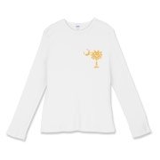 Yellow Polka Dots South Cackalacky Deluxe Women's Fitted Baby Rib Long Sleeve Tee feature the polka dot South Carolina palmetto moon logo in yellow on the back and a smaller, matching palmetto moon on the front.