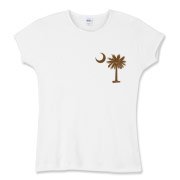 A chocolate brown palmetto and crescent moon. The palmetto is a symbol of South Carolina pride. Buy the chocolate brown palmetto moon printed in the pocket area of a t-shirt, sweatshirt, or other apparel item.