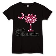 Garnet and Black Polka Dots South Cackalacky Palmetto Moon Women's T-Shirt features a Polka Dot South Carolina palmetto moon logo in garnet.