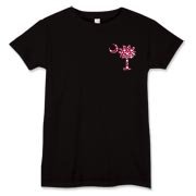 Garnet and Black Polka Dots South Cackalacky Deluxe Women's T-Shirt feature the polka dot South Carolina palmetto moon logo in garnet and black on the back and a smaller, matching palmetto moon on the front.
