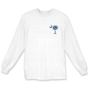Blue Polka Dots South Cackalacky Deluxe Long Sleeve T-Shirt feature the polka dot South Carolina palmetto moon logo in blue on the back and a smaller, matching palmetto moon on the front.
