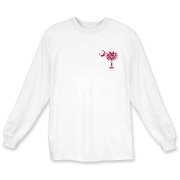 Garnet and Black Polka Dots South Cackalacky Deluxe Long Sleeve T-Shirt feature the polka dot South Carolina palmetto moon logo in garnet and black on the back and a smaller, matching palmetto moon on the front.