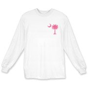 A pink palmetto and crescent moon. The palmetto is a symbol of South Carolina pride. Buy the pink palmetto moon printed in the pocket area of a t-shirt, sweatshirt, or other apparel item.