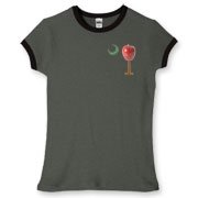 Buy a Carolina Teacher School Apple Palmetto Moon Deluxe Women's Fitted Ringer Tee. This two-sided product features the South Carolina palmetto with an apple and chalkboard moon printed on the front left chest area and the Carolina Teacher palmetto design