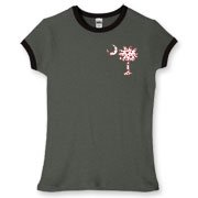 Buy a Red Heart Pattern Palmetto Moon Women's Fitted Ringer Tee for your sweetheart this Valentine's Day! Featuring the a smaller pocket sized version of the South Carolina Palmetto Moon with a red heart pattern printed on the left chest area.