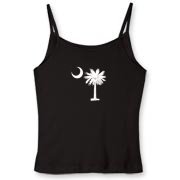 Buy a White Carolina Girl Deluxe Women's Fitted Spaghetti Strap Tank. This two-sided design features a small palmetto moon printed on the front left chest area and matching Carolina Girl palmetto design on the back. The palmetto moon is a symbol of South