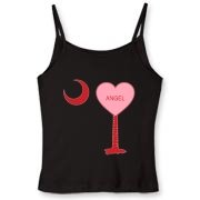 A Candy Heart Palmetto Moon Women's Fitted Spaghetti Strap Tank for an Angel! Perfect for Valentine's Day, it features a pink candy heart on the South Carolina Palmetto Moon with Angel.