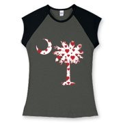 Buy a Red Heart Pattern Palmetto Moon Women's Fitted Cap Sleeve Tee for your sweetheart this Valentine's Day! Featuring the South Carolina Palmetto Moon with a red heart pattern in the background.