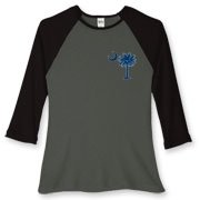 Buy a Blue Palmetto Moon Women's Fitted Baseball Tee featuring a smaller palmetto printed on the left chest area. The palmetto moon is a symbol of South Carolina pride.