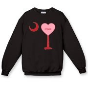 A Candy Heart Palmetto Moon Crewneck Sweatshirt for an Angel! Perfect for Valentine's Day, it features a pink candy heart on the South Carolina Palmetto Moon with Angel.