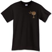 A chocolate brown palmetto and crescent moon. The palmetto is a symbol of South Carolina pride. Buy the chocolate brown palmetto moon printed in the pocket area of a t-shirt, sweatshirt, or other apparel item.