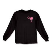 A pink palmetto and crescent moon. The palmetto is a symbol of South Carolina pride. Buy the pink palmetto moon printed in the pocket area of a t-shirt, sweatshirt, or other apparel item.