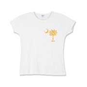Yellow Polka Dots South Cackalacky Deluxe Girls Baby Rib T-Shirt feature the polka dot South Carolina palmetto moon logo in yellow on the back and a smaller, matching palmetto moon on the front.