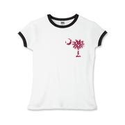 Garnet and Black Polka Dots South Cackalacky Deluxe Girls Ringer T-Shirt feature the polka dot South Carolina palmetto moon logo in garnet and black on the back and a smaller, matching palmetto moon on the front.