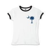 The deluxe Palmetto Moon Flag Girls Ringer T-Shirt features a small palmetto moon in the front pocket area and the South Carolina Flag design on the back.