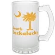 Yellow South Cackalacky Palmetto Moon Frosted Glass Stein features the South Carolina palmetto moon logo in yellow.