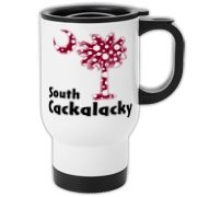 Garnet and Black Polka Dots South Cackalacky Palmetto Moon Travel Mug features a Polka Dot South Carolina palmetto moon logo in garnet.