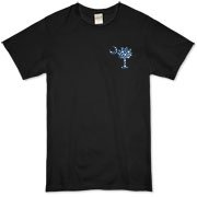 Blue Polka Dots South Cackalacky Deluxe Organic T-Shirt feature the polka dot South Carolina palmetto moon logo in blue on the back and a smaller, matching palmetto moon on the front.