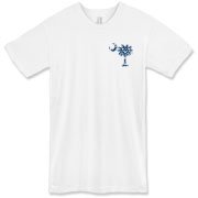 Blue Polka Dots South Cackalacky Deluxe American Apparel T-Shirt feature the polka dot South Carolina palmetto moon logo in blue on the back and a smaller, matching palmetto moon on the front.