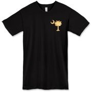 Yellow Polka Dots South Cackalacky Deluxe American Apparel T-Shirt feature the polka dot South Carolina palmetto moon logo in yellow on the back and a smaller, matching palmetto moon on the front.