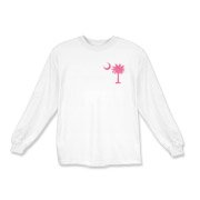 A pink palmetto and crescent moon. The palmetto is a symbol of South Carolina pride. Buy the pink palmetto moon printed in the pocket area of a t-shirt, sweatshirt, or other apparel item.