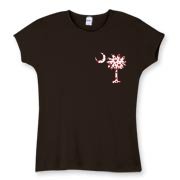 Buy a Red Heart Pattern Palmetto Moon Women's Fitted Baby Rib Tee for your sweetheart this Valentine's Day! Featuring the a smaller pocket sized version of the South Carolina Palmetto Moon with a red heart pattern printed on the left chest area.
