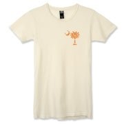 Buy an Orange Polka Dot Palmetto Moon Alternative Apparel Women's Destroyed T-Shirt that features a orange palmetto moon with white polka dots printed smaller on the left chest area.