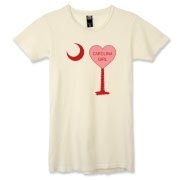 A Candy Heart Palmetto Moon Alternative Apparel Women's Destroyed T-Shirt for a Carolina Girl! Perfect for Valentine's Day, it features a pink candy heart on the South Carolina Palmetto Moon with Carolina Girl.