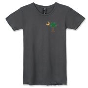 Buy a Christmas Palmetto Moon Alternative Apparel Women's Destroyed T-Shirt and have a Merry Christmas, South Carolina style. This version features a pocket sized version of the Christmas Tree Palmetto Moon.