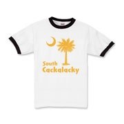 Yellow South Cackalacky Palmetto Moon Kids Ringer T-Shirt features the South Carolina palmetto moon logo in yellow.