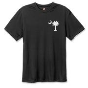 Buy a White Carolina Girl Deluxe Hanes Cool Dri T-shirt. This two-sided design features a small palmetto moon printed on the front left chest area and matching Carolina Girl palmetto design on the back. The palmetto moon is a symbol of South Carolina prid