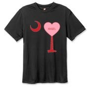A Candy Heart Palmetto Moon Hanes Cool Dri T-shirt for an Angel! Perfect for Valentine's Day, it features a pink candy heart on the South Carolina Palmetto Moon with Angel.