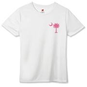 Buy a Pink Palmetto Moon Hanes Women's Cool Dri T-shirt featuring a smaller palmetto printed on the left chest area. The palmetto moon is a symbol of South Carolina pride.