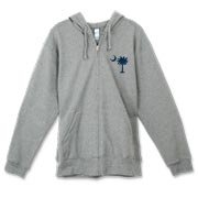 Buy a Blue Palmetto Moon Canvas Freemont Full-Zip Hoodie featuring a smaller palmetto printed on the left chest area. The palmetto moon is a symbol of South Carolina pride.