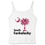 Garnet and Black Polka Dots South Cackalacky Palmetto Moon Women's Fitted Spaghetti Strap Tank features a Polka Dot South Carolina palmetto moon logo in garnet.