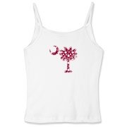 Garnet and Black Polka Dots South Cackalacky Deluxe Women's Fitted Spaghetti Strap Tank feature the polka dot South Carolina palmetto moon logo in garnet and black on the back and a smaller, matching palmetto moon on the front.