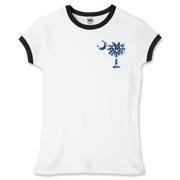 Blue Polka Dots South Cackalacky Deluxe Women's Fitted Ringer Tee feature the polka dot South Carolina palmetto moon logo in blue on the back and a smaller, matching palmetto moon on the front.