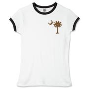 A chocolate brown palmetto and crescent moon. The palmetto is a symbol of South Carolina pride. Buy the chocolate brown palmetto moon printed in the pocket area of a t-shirt, sweatshirt, or other apparel item.