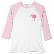 A pink palmetto and crescent moon. The palmetto is a symbol of South Carolina pride. Buy the pink palmetto moon printed in the pocket area of a t-shirt, sweatshirt, or other apparel item.