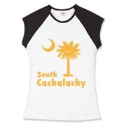 Yellow South Cackalacky Palmetto Moon Women's Fitted Cap Sleeve Tee features the South Carolina palmetto moon logo in yellow.