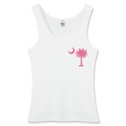 A pink palmetto and crescent moon. The palmetto is a symbol of South Carolina pride. Buy the pink palmetto moon printed in the pocket area of a t-shirt, sweatshirt, or other apparel item.