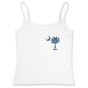 Blue Polka Dots South Cackalacky Deluxe Women's Fitted Camisole Tank feature the polka dot South Carolina palmetto moon logo in blue on the back and a smaller, matching palmetto moon on the front.