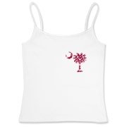 Garnet and Black Polka Dots South Cackalacky Deluxe Women's Fitted Camisole Tank feature the polka dot South Carolina palmetto moon logo in garnet and black on the back and a smaller, matching palmetto moon on the front.