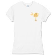 Yellow Polka Dots South Cackalacky Deluxe Women's Fitted Fine Jersey Tee feature the polka dot South Carolina palmetto moon logo in yellow on the back and a smaller, matching palmetto moon on the front.