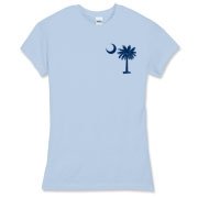 The tradtional blue palmetto and crescent moon design is a symbol of South Carolina pride. Buy the traditional blue palmetto moon printed on the pocket area of a t-shirt, sweatshirt, or other clothing item.