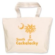 Yellow Polka Dots South Cackalacky Palmetto Moon Jumbo Tote Bag features a Polka Dot South Carolina palmetto moon logo in yellow.